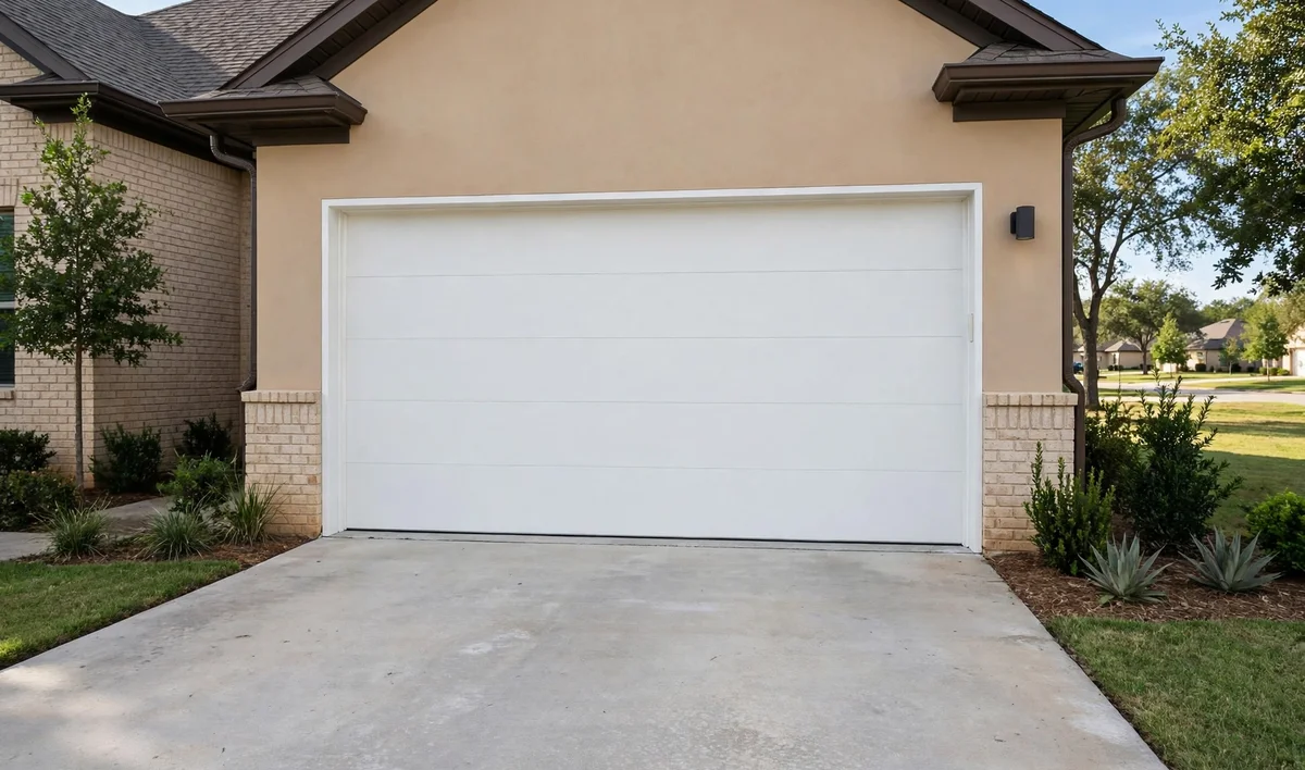 Garage door with a new panel after replacement in Oaks of Firewheel, Garland TX