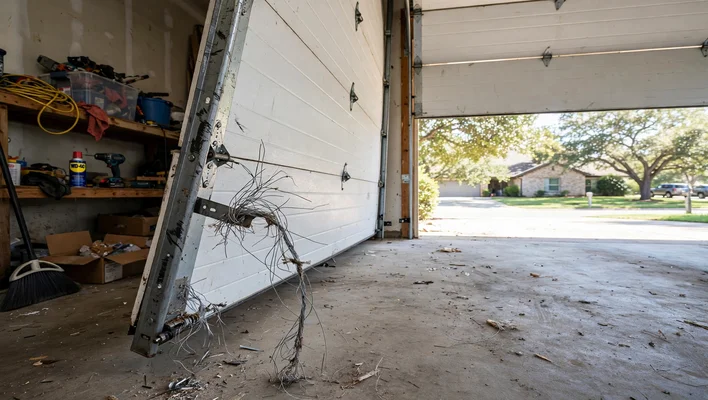 Frayed garage door cable and crooked door in Duck Creek, Garland TX